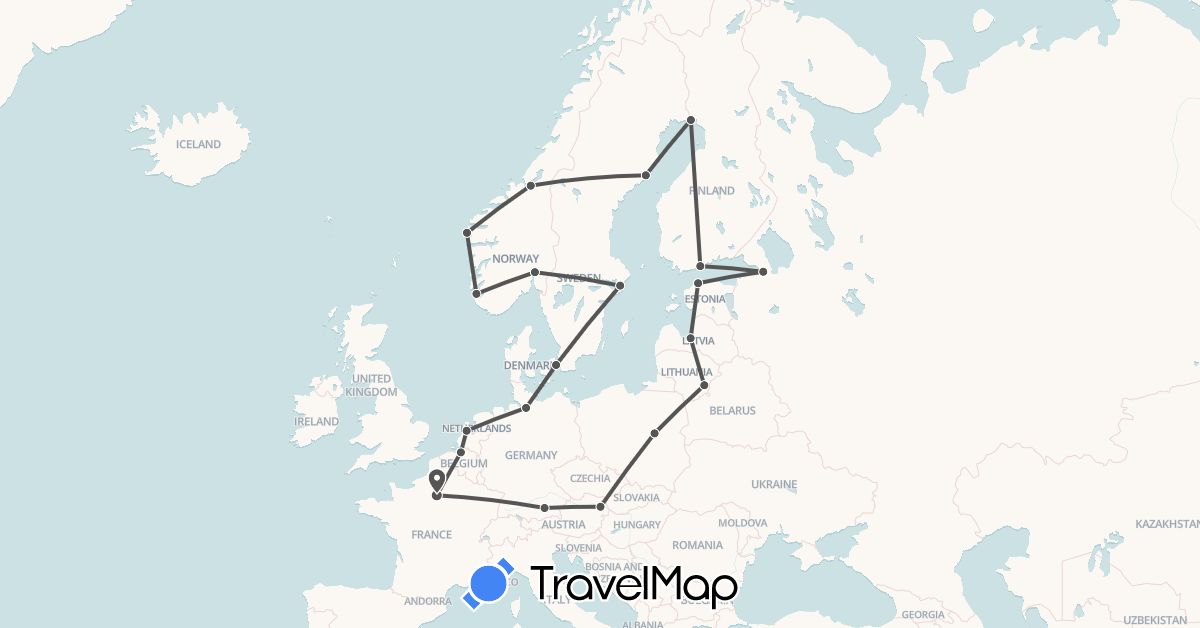 TravelMap itinerary: motorbike in Austria, Belgium, Germany, Denmark, Estonia, Finland, France, Lithuania, Latvia, Netherlands, Norway, Poland, Russia, Sweden (Europe)